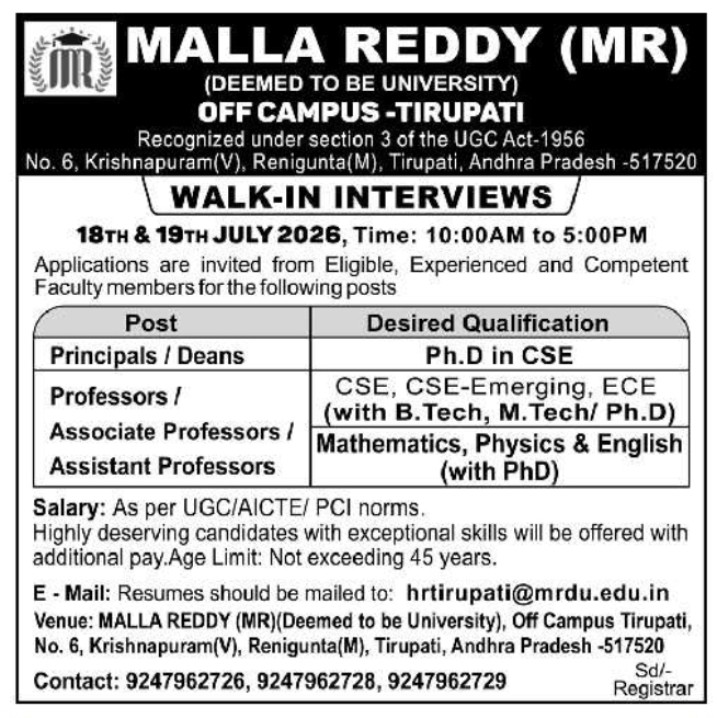 Walk-In Interviews: Teaching Faculty Positions