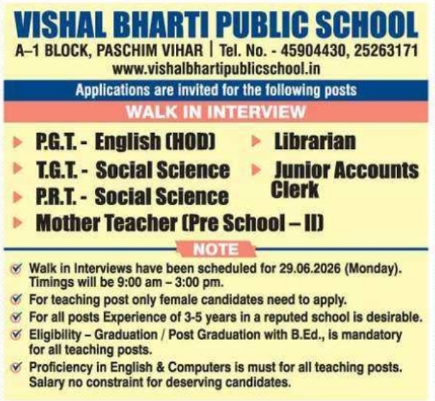 Walk-In Interviews: Vishal Bharti Public School New Delhi