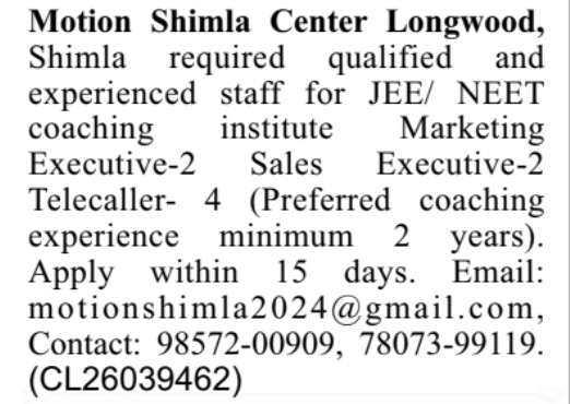 Walk-in Job Openings for Marketing and Sales Staff at Motion Shimla Center