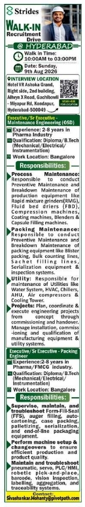 Walk-In Recruitment Drive Notice for Engineering Roles by Strides Pharma