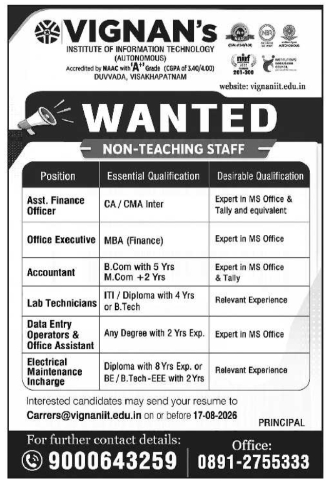 Recruitment for Non-Teaching Staff  by Vignan's IIT