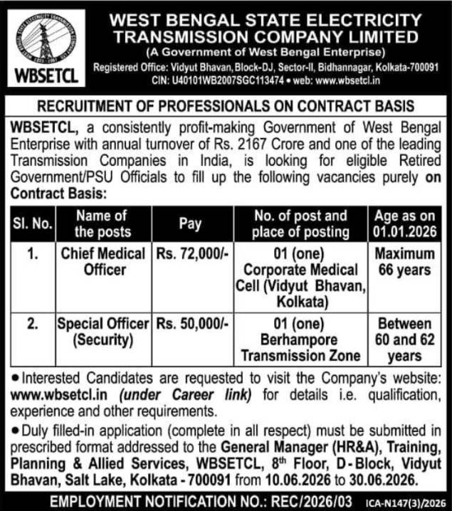 WBSETCL Contractual Professional Recruitment
