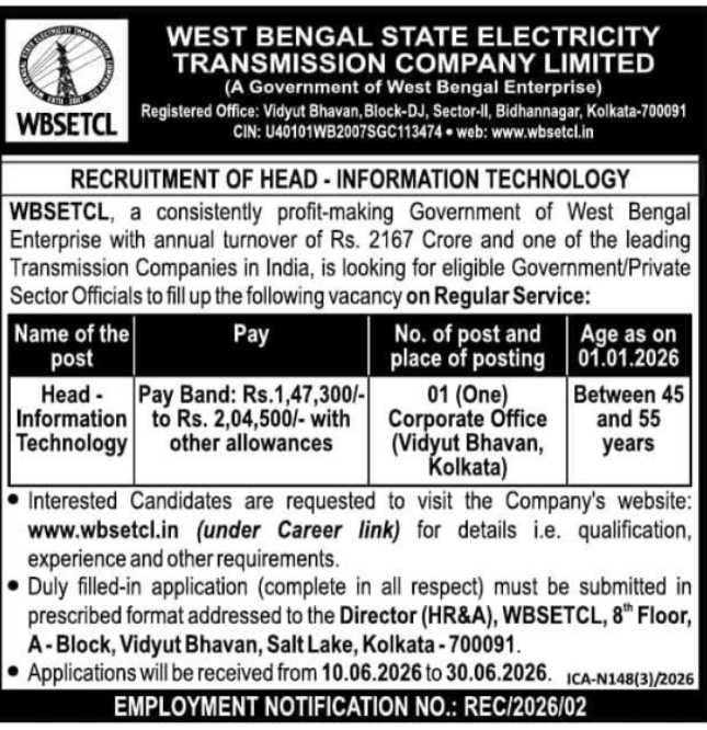 WBSETCL Head of IT Recruitment