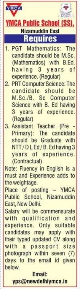YMCA Public School Teaching Staff Recruitment Notice