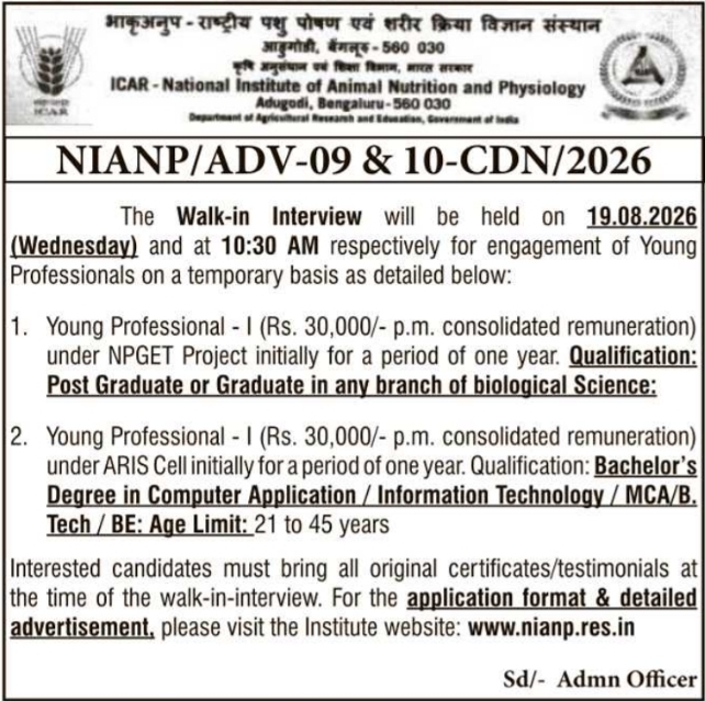 Young Professional Walk-In Interview Notice by ICAR-NIANP