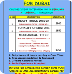FREE REQUIREMENTS FOR DUBAI – ONLINE CLIENT INTERVIEW ON 16 FEBRUARY AT CHENNAI – TAMILNADU