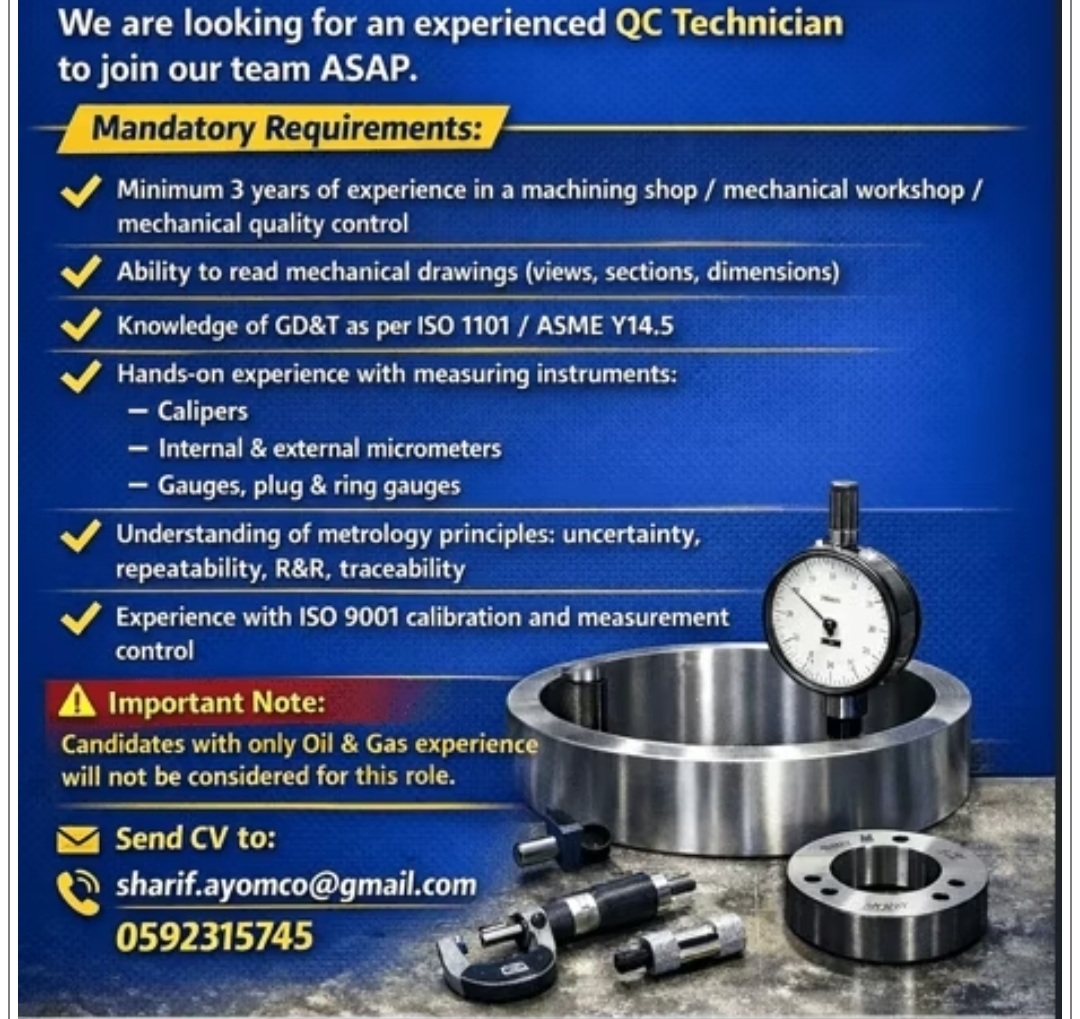 Hiring – QC Technician At Saudi Arabia