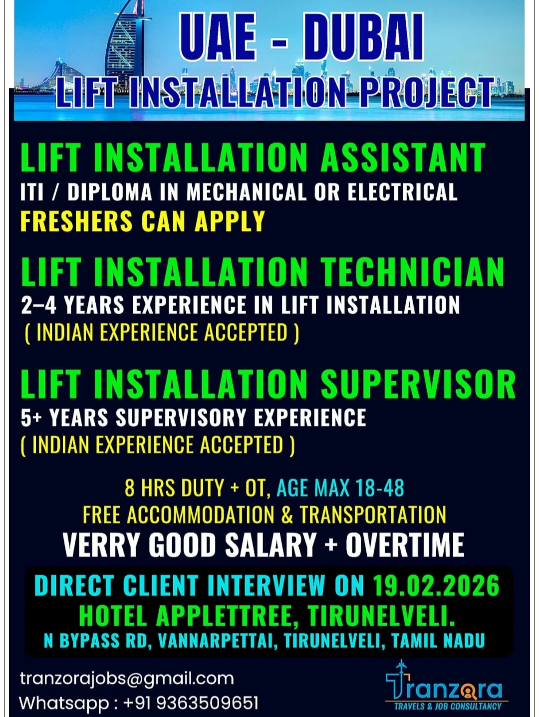 LIFT INSTALLATION PROJECT RECRUITMENT AT UAE