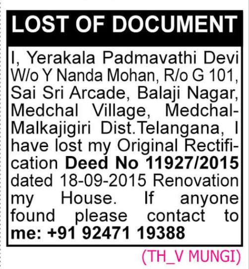 LOST OF DOCUMENT