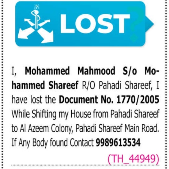 LOST OF DOCUMENTS