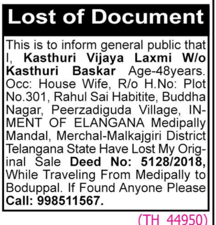 LOST OF SALE DEED