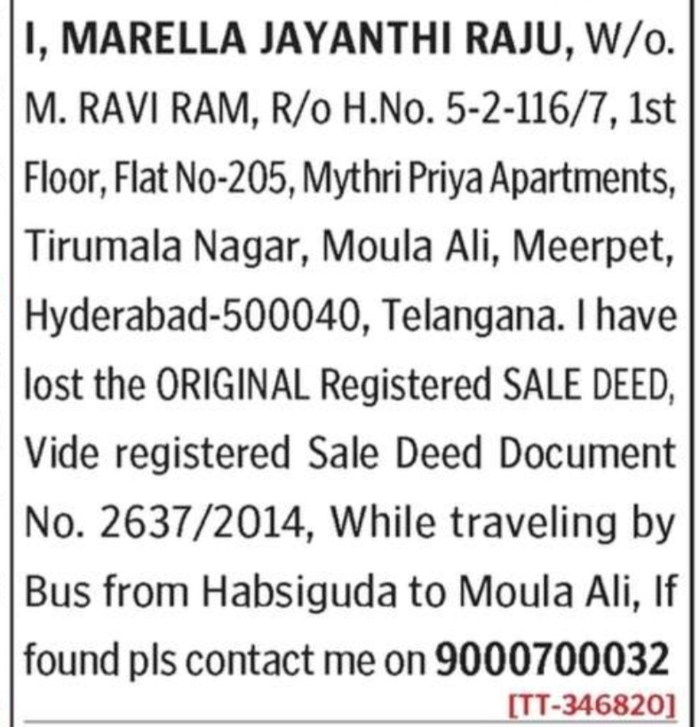 LOST OF SALE DEED