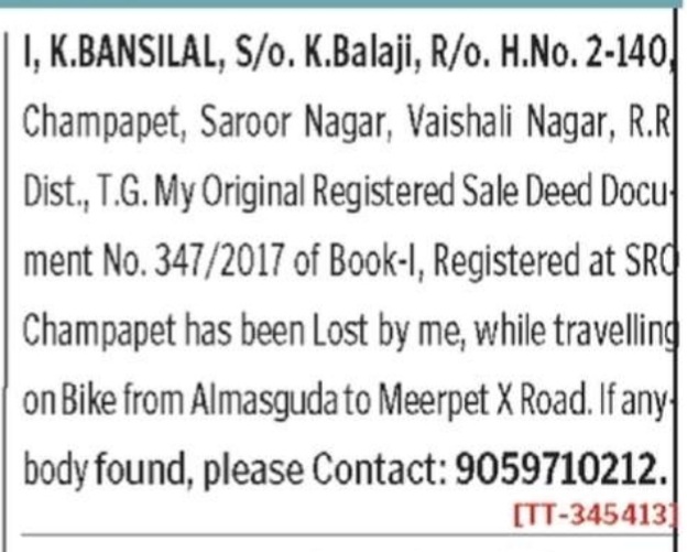 LOST OF SALE DEED