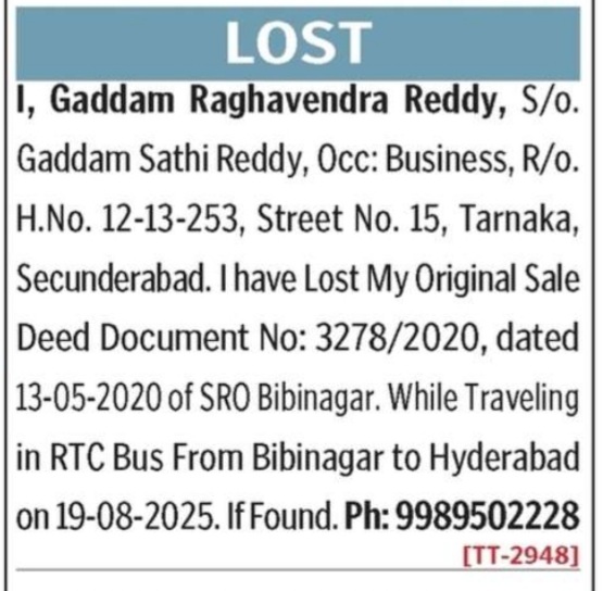 LOST OF SALE DEED