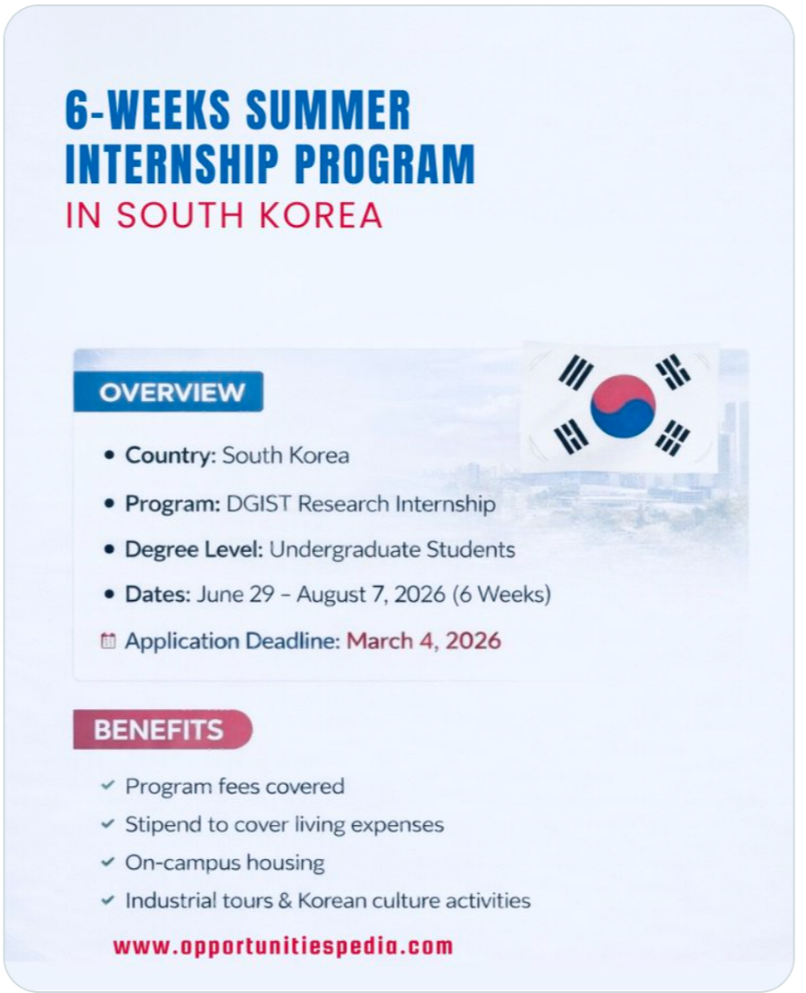 Summer Research Internship 2026 | South Korea | For Undergraduates