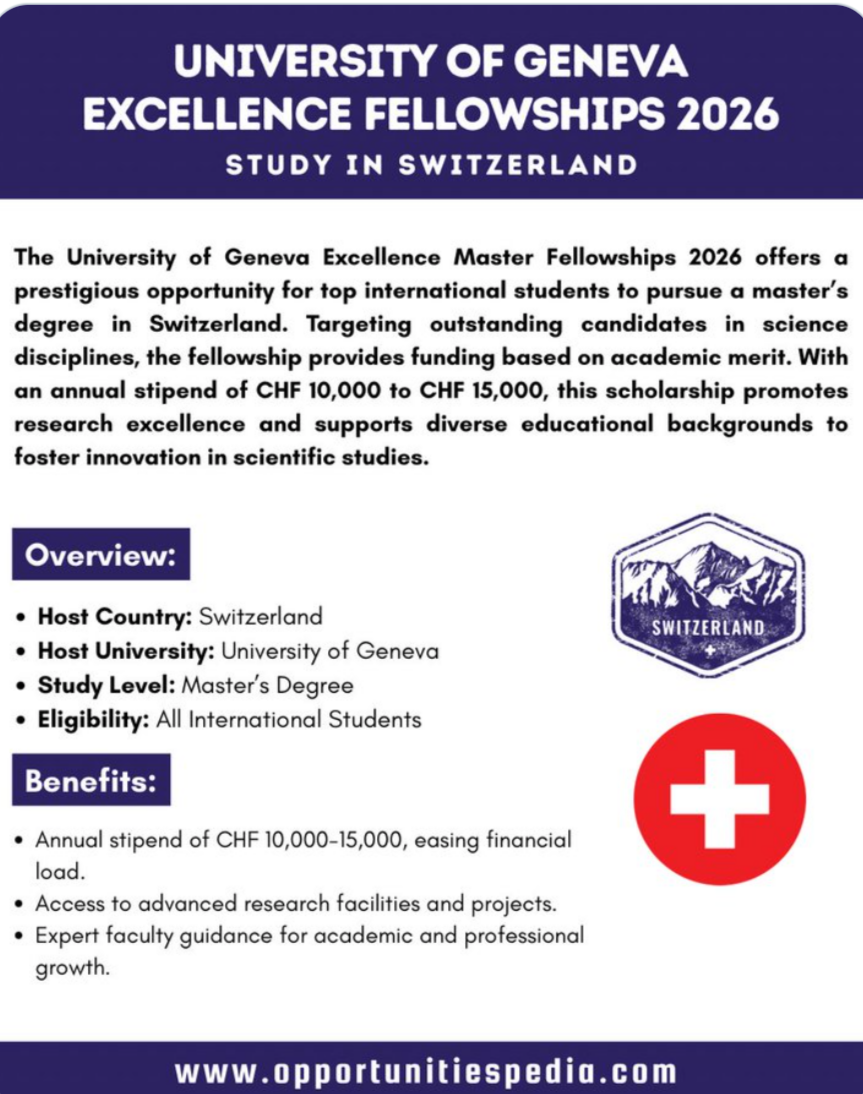 University of Geneva Excellence Master Fellowships 2026 | Switzerland