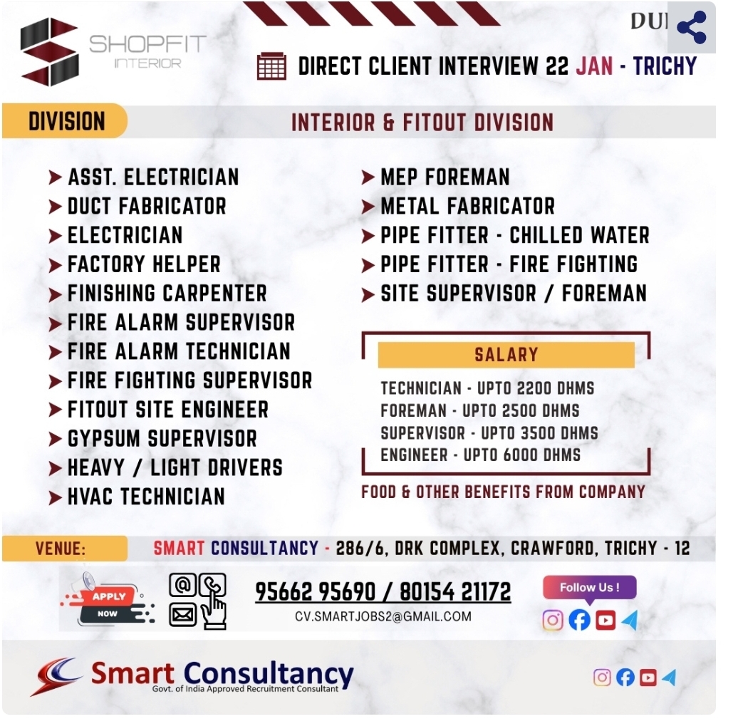 WANTED FOR A LEADING INTERIOR DESIGNING COMPANY (DUBAI) DIRECT CLIENT INTERVIEW ON 22 JAN - TRICHY