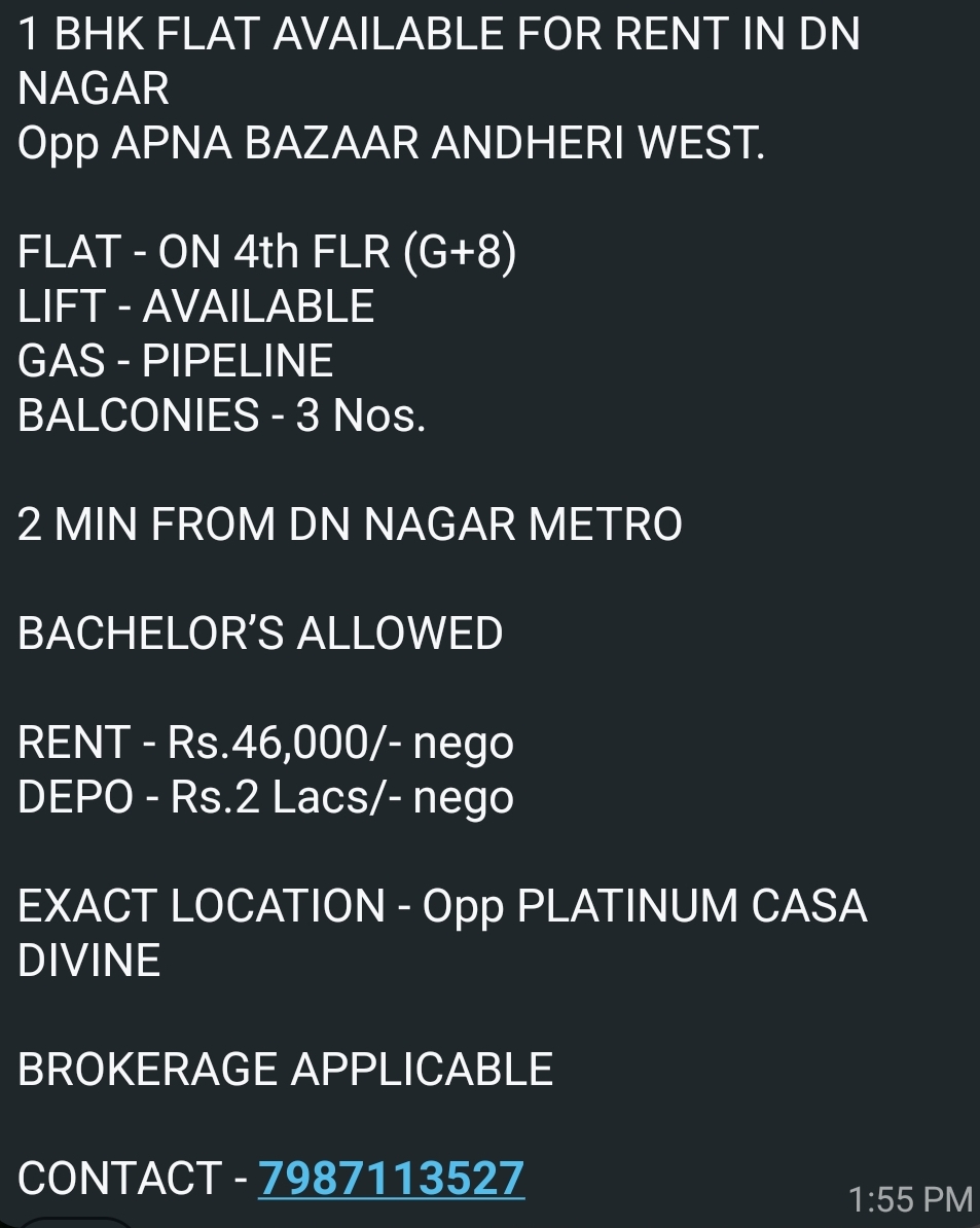 1 BHK FLAT AVAILABLE FOR RENT IN DN NAGAR