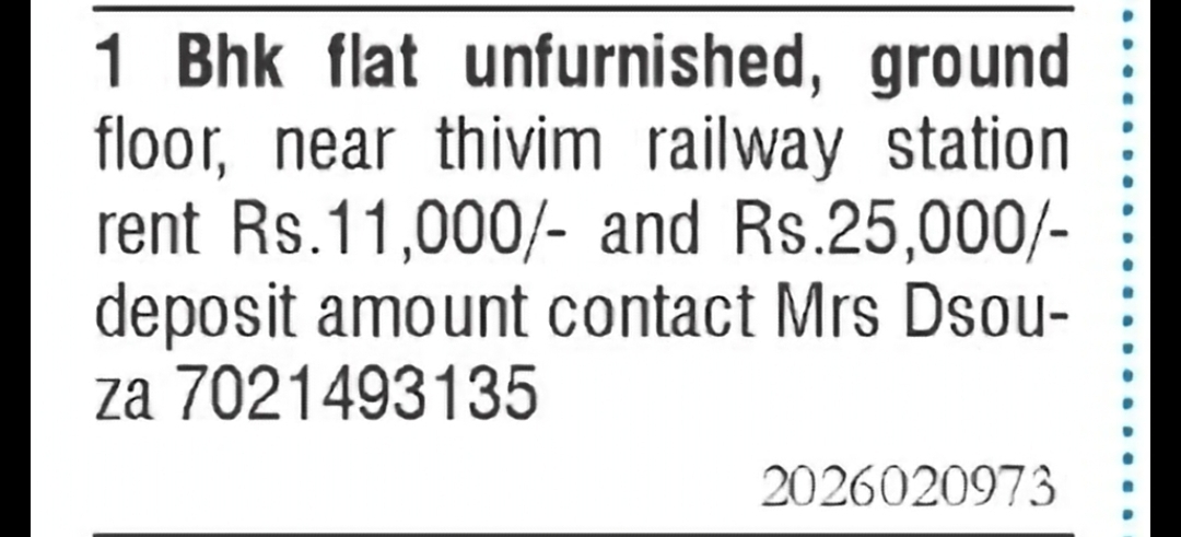 1 BHK Flat for Rent Near Thivim Railway Station