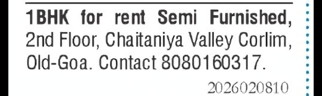 1 BHK Semi-Furnished Flat for Rent – Corlim, Old Goa