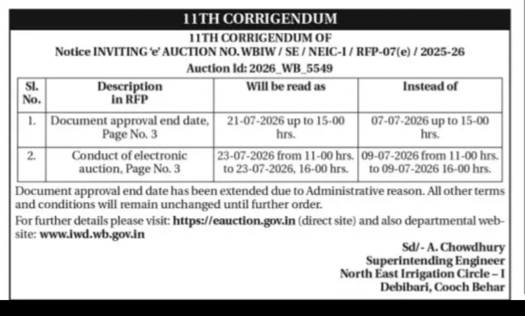 11th Corrigendum Issued for West Bengal Irrigation E-Auction