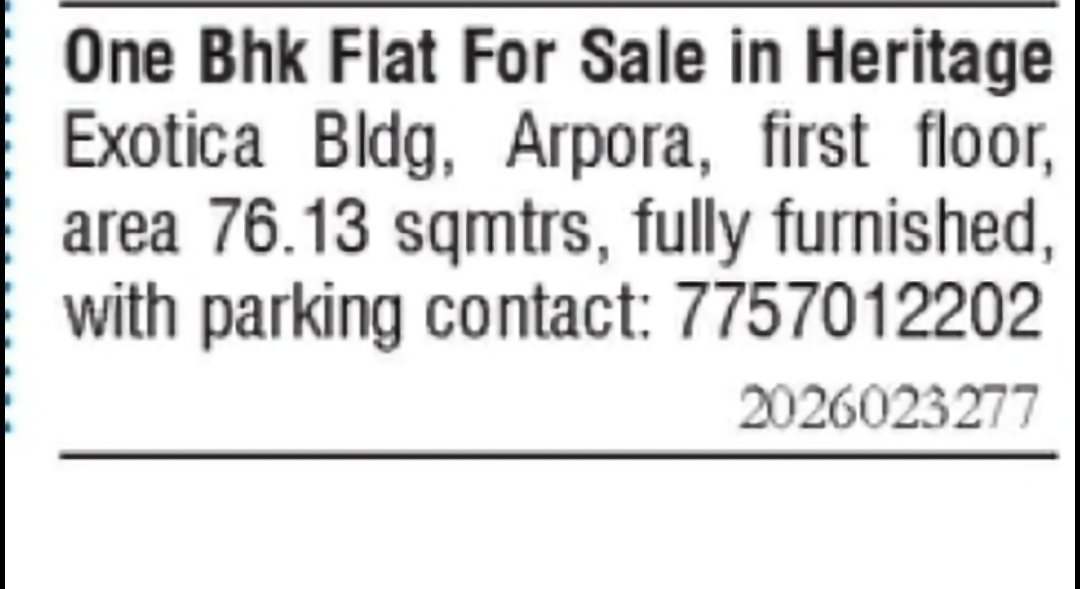 1BHK Fully Furnished Flat for Sale – Arpora