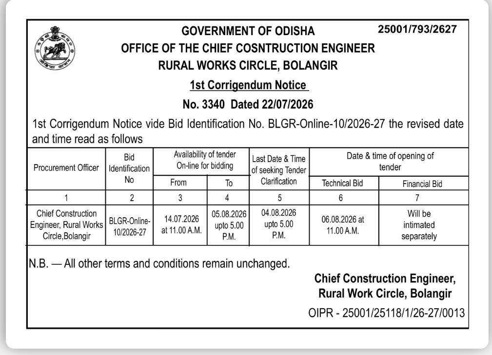 1st Corrigendum Notice – Rural Works Circle, Bolangir (BLGR-Online-107/2026-27)