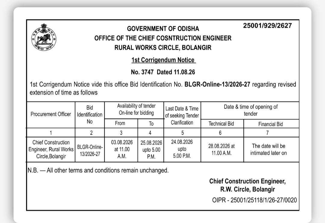 1st Corrigendum Notice – Rural Works Circle, Bolangir, Odisha