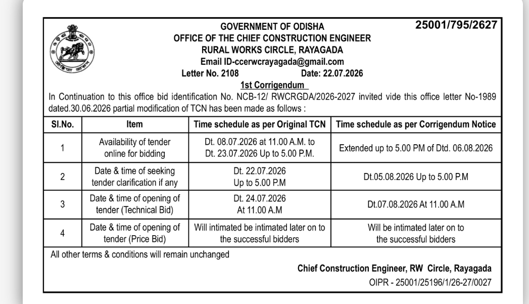 1st Corrigendum – Rural Works Circle, Rayagada Tender Notice (NCB-12/RWCRGDA/2026-2027), Government of Odisha