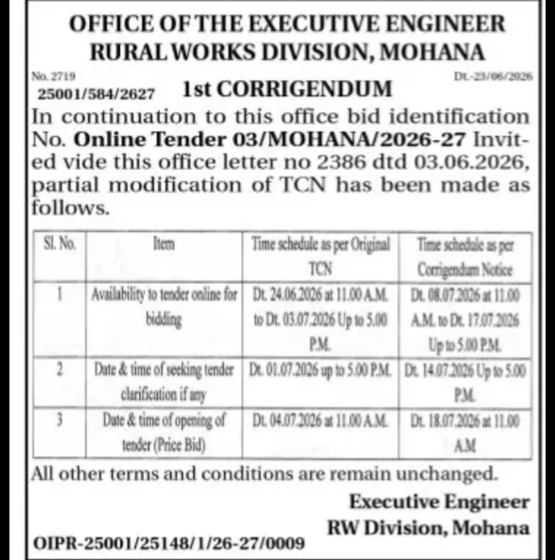 1st Corrigendum – Rural Works Division, Mohana Tender