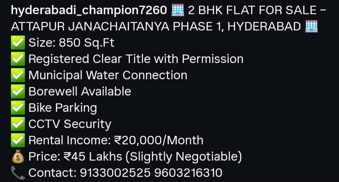 2 BHK Flat for Sale – Attapur, Janachaitanya Phase 1, Hyderabad