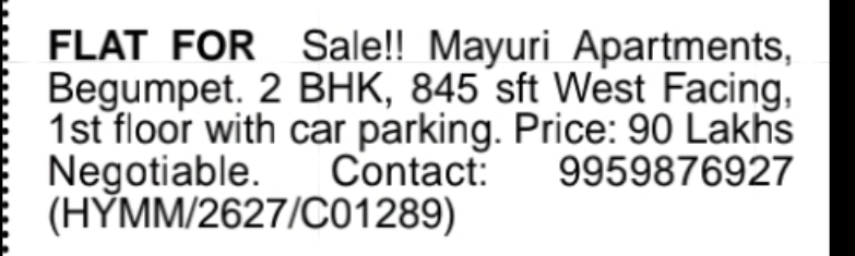 🏡 2 BHK Flat for Sale – Begumpet (Mayuri Apartments)