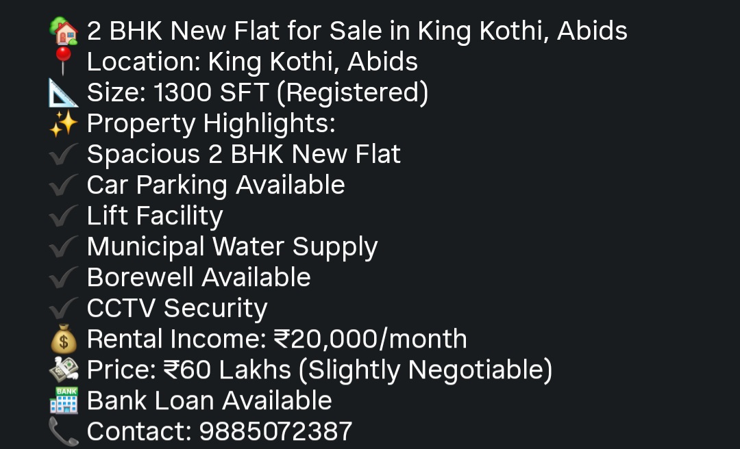 🏡 2 BHK New Flat for Sale – King Kothi, Abids