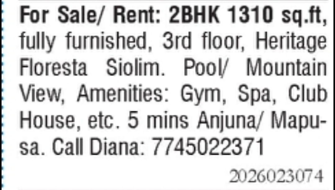 2BHK Fully Furnished Flat for Sale/Rent – Siolim