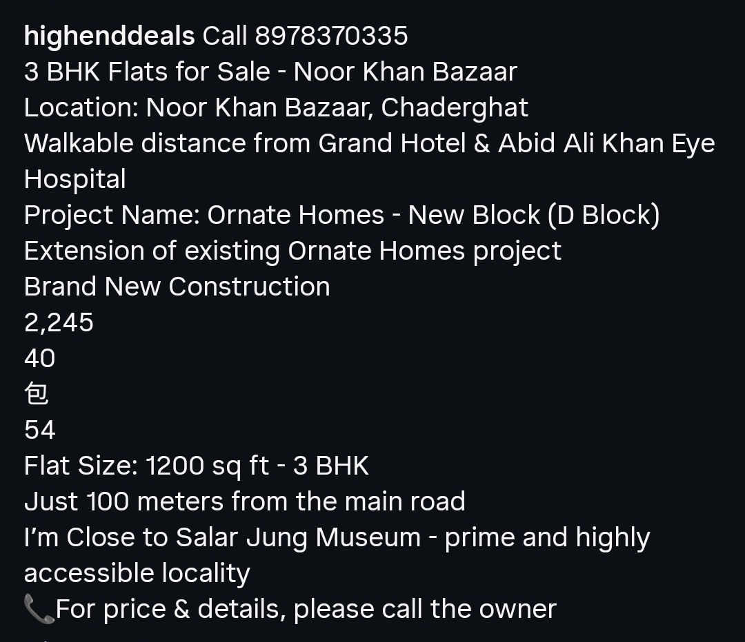3 BHK Flats for Sale in Noor Khan Bazaar, Chaderghat