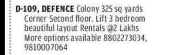 3 BHK Second Floor Corner Property for Rent in Defence Colony, Delhi