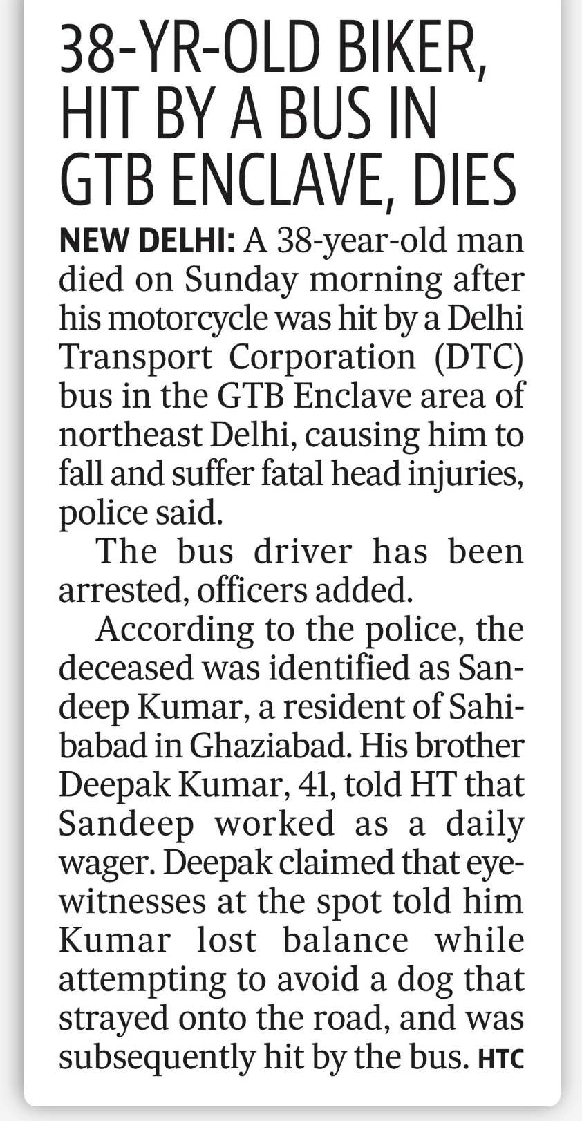 38-YR-OLD BIKER, HIT BY A BUS IN GTB ENCLAVE, DIES