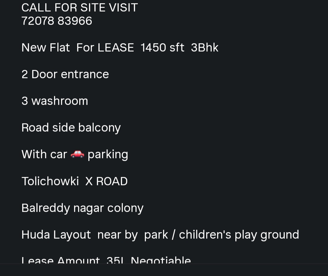 3BHK Flat for Lease – Tolichowki X Road