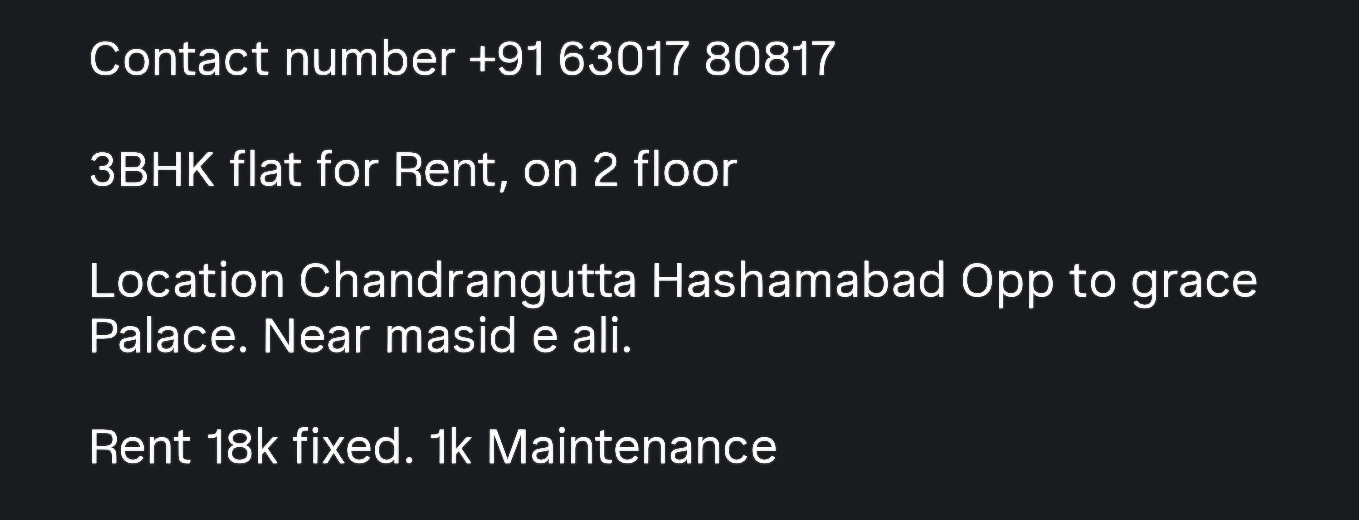 3BHK Flat for Rent – Chandrayangutta, Hashamabad