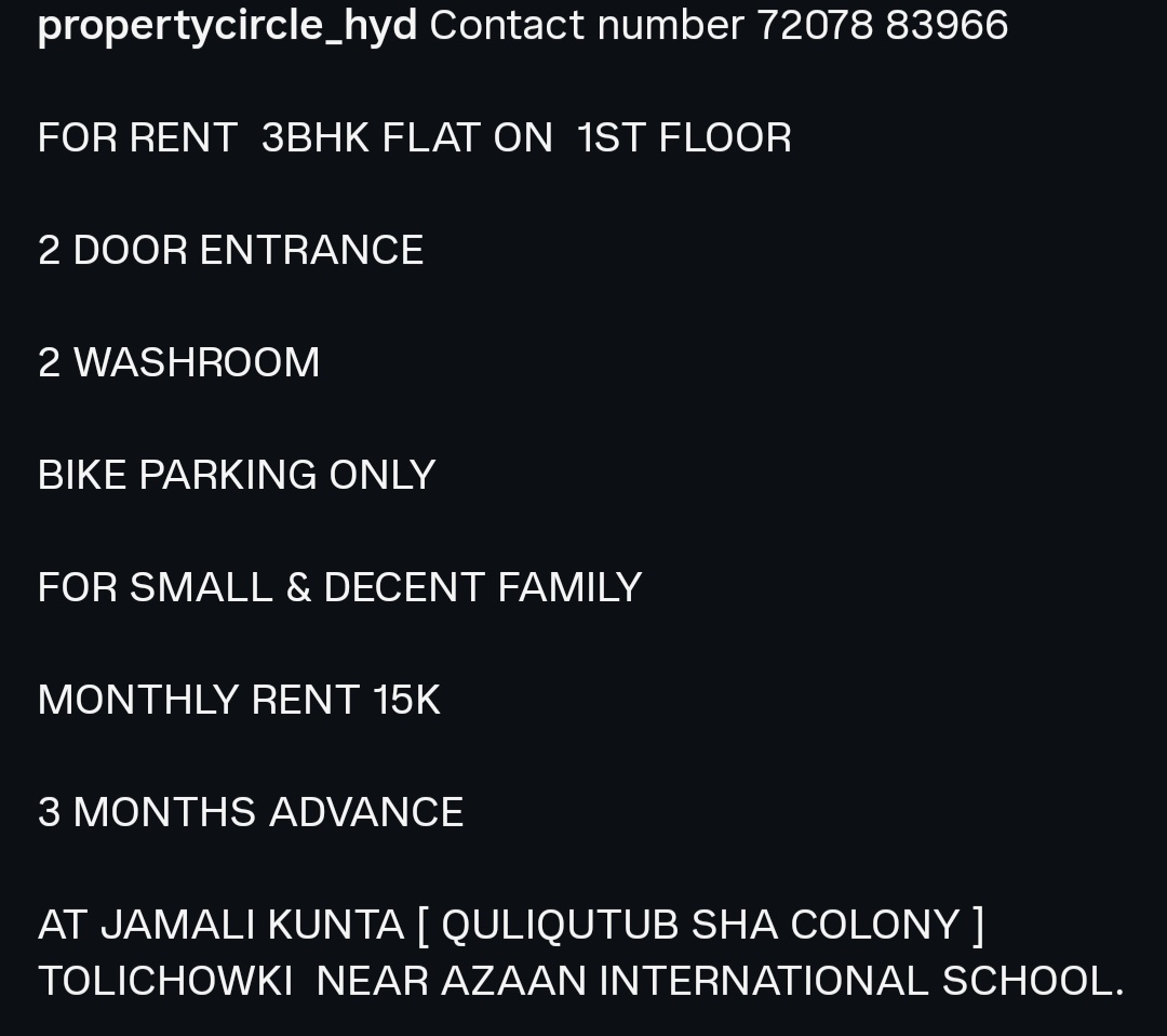 3BHK Flat for Rent – Tolichowki