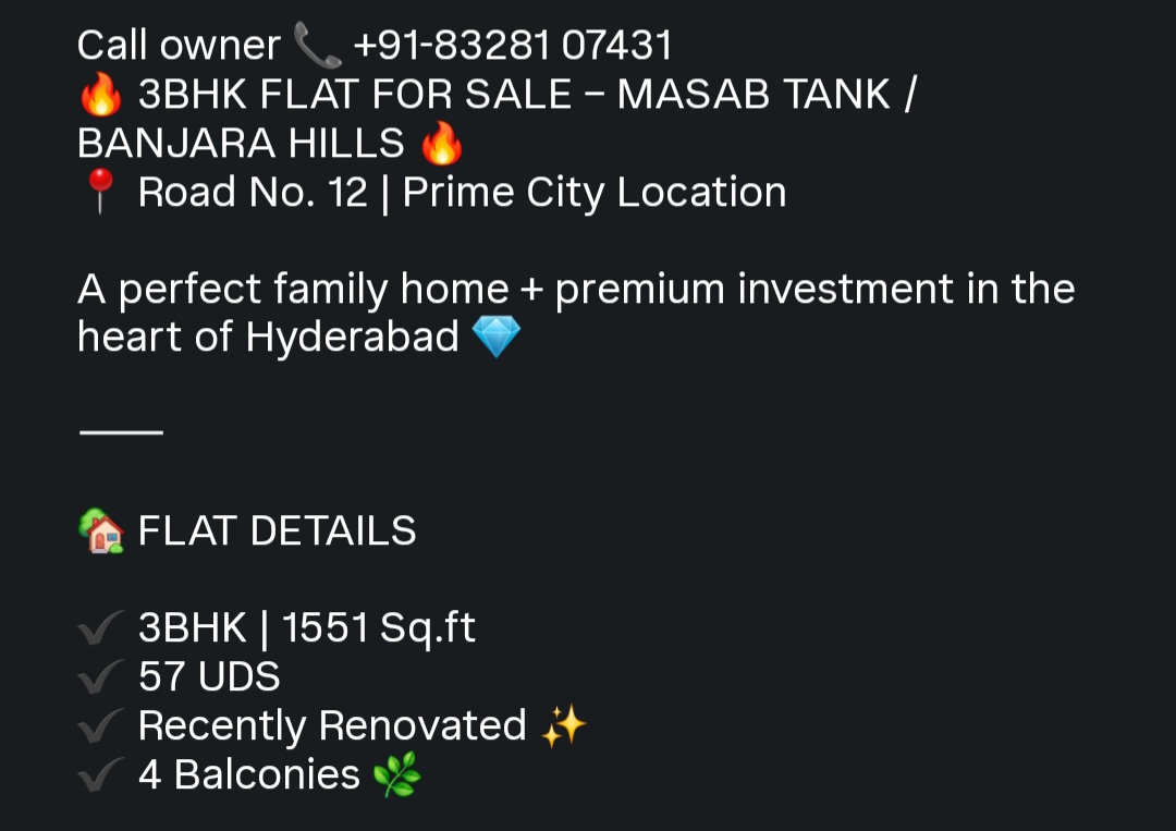 🏢 3BHK Flat for Sale – Masab Tank / Banjara Hills Rd No.12