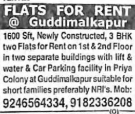 3BHK Flats for Rent – Guddimalkapur
