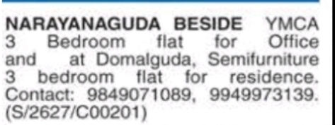 🏠 3BHK Flats for Rent – Narayanaguda & Domalguda