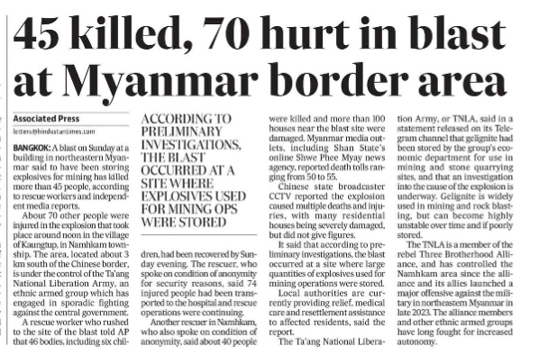 45 killed, 70 hurt in blast at Myanmar border area