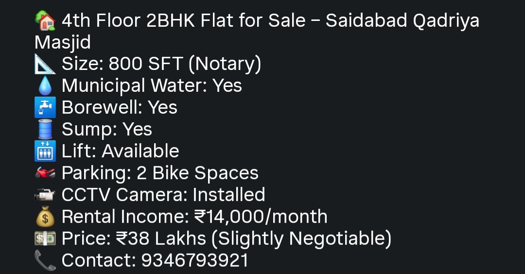 🏠 4th Floor 2BHK Flat for Sale – Saidabad Qadriya Masjid