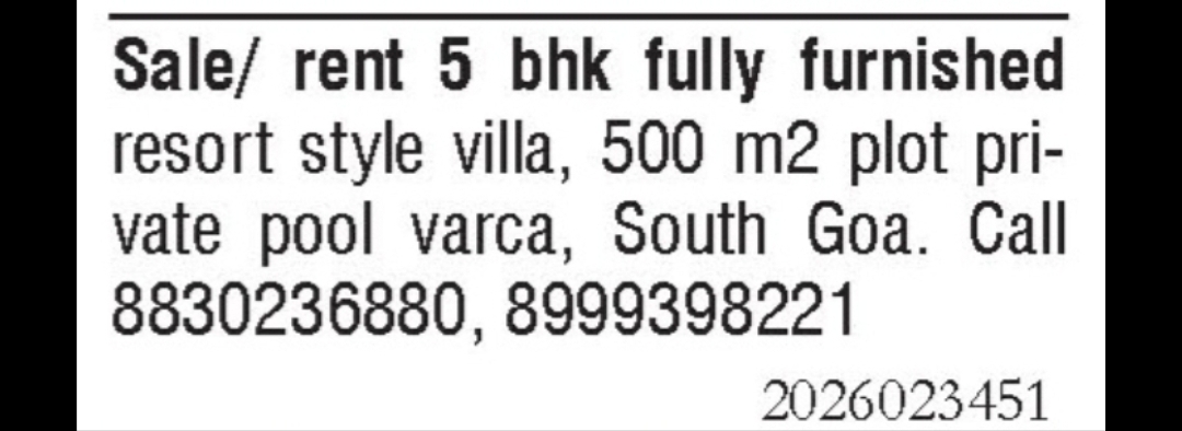 5 BHK Furnished Villa for Sale/Rent in Varca