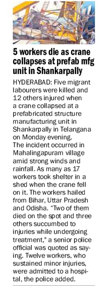 5 workers killed, 12 injured in crane collapse near Hyderabad