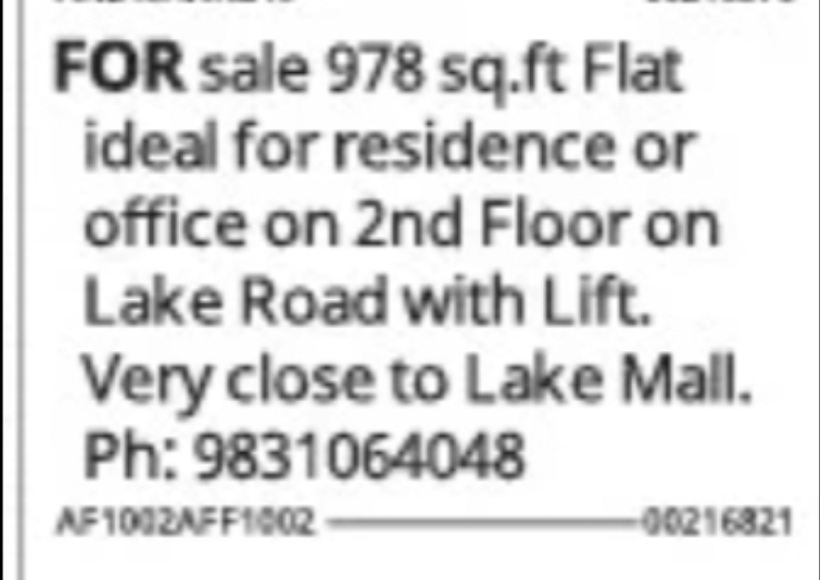 978 sq.ft Flat for Sale (Lake Road)
