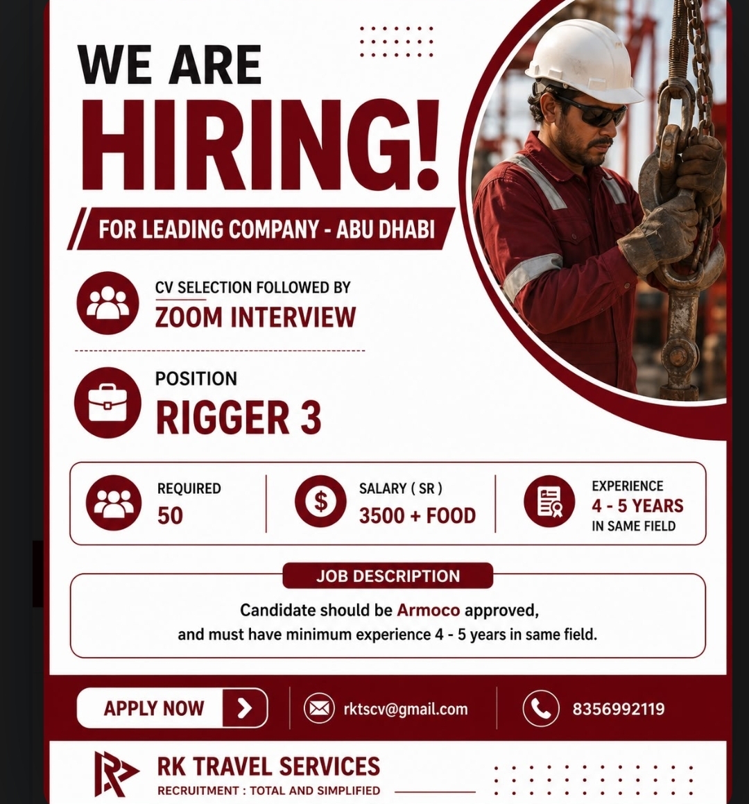 A leading company in Abu Dhabi is hiring experienced Rigger 3 professionals.