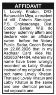 Aadhaar Name Correction Affidavit – Lovely Khatun